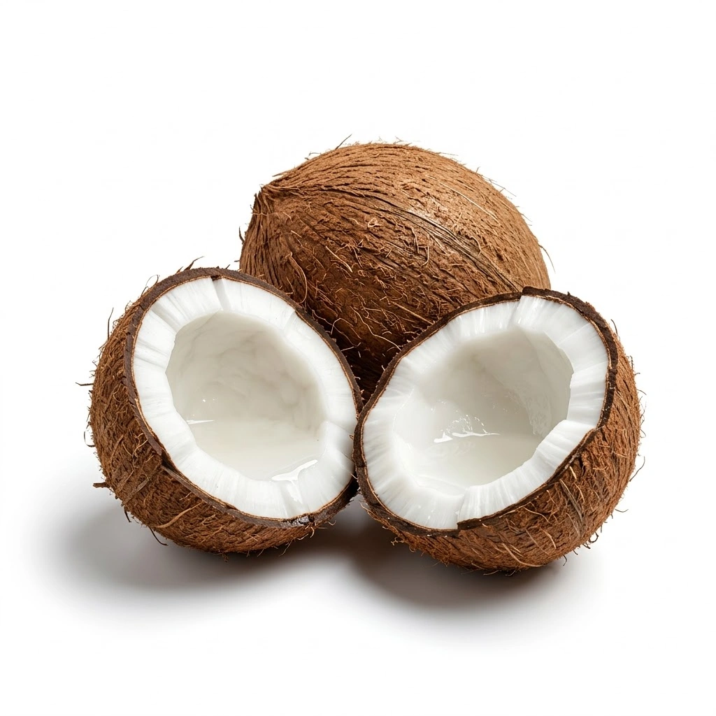 Fresh coconut whole and cut showing water and white flesh isolated on white background Fresh coconut whole and cut showing water and white flesh isolated on white background