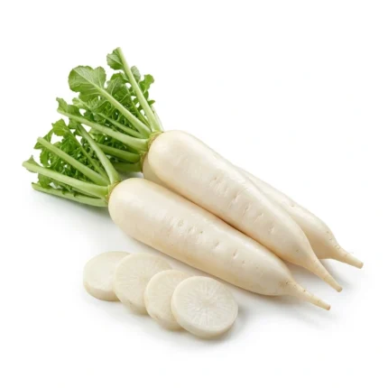 Fresh white radish isolated on white background